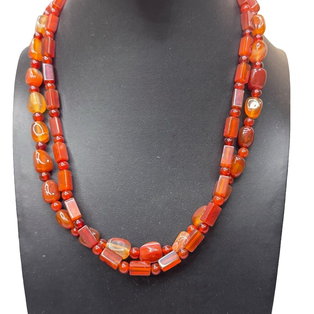 Vintage Double Strand Red Carnelian Bead Necklace Sterling Silver 925 Clasp 18"